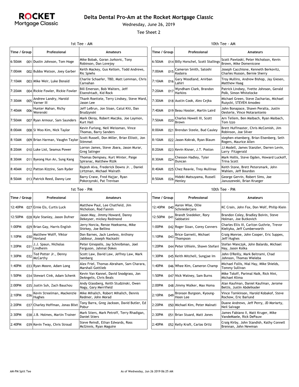 Delta Dental Pro-Am at the Rocket Mortgage Classic Wednesday, June 26, 2019 Tee Sheet 2