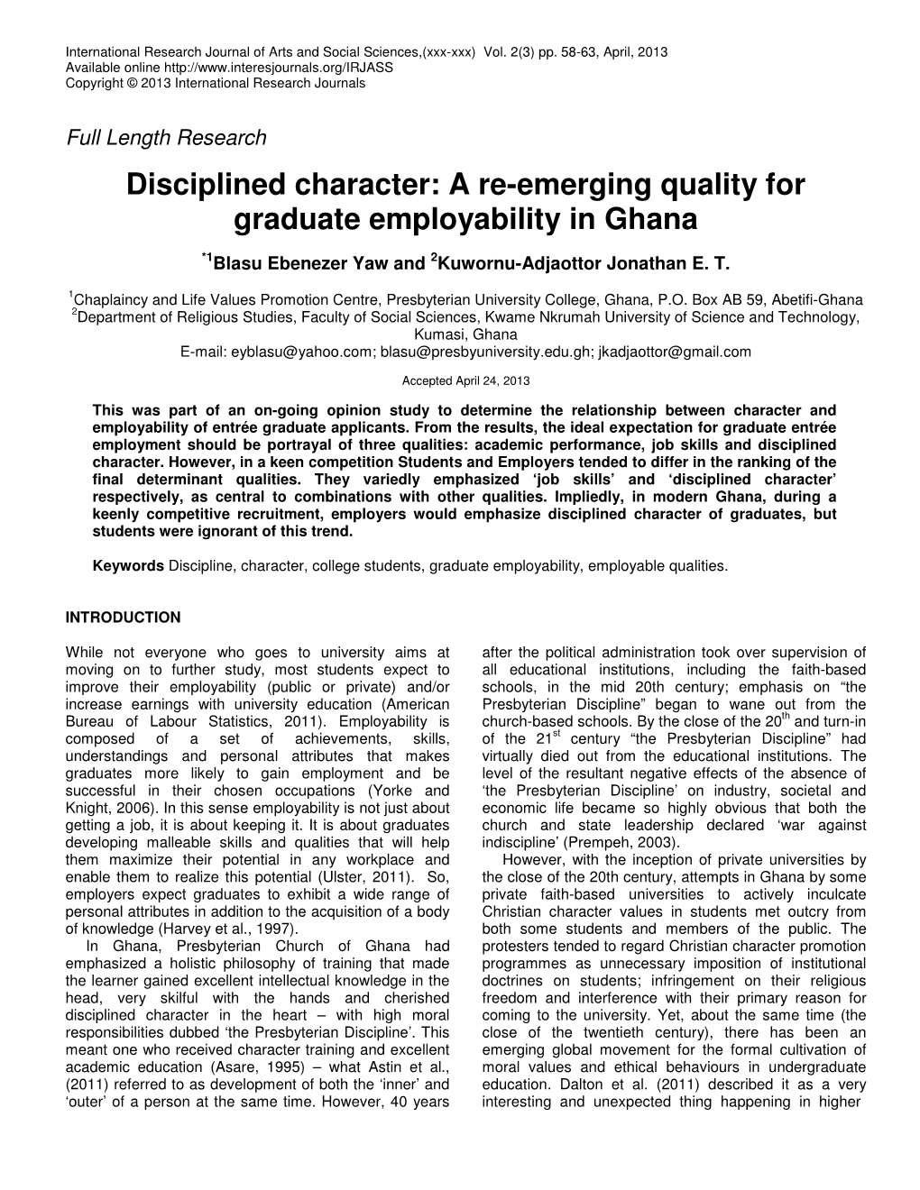 Disciplined Character: a Re-Emerging Quality for Graduate Employability in Ghana