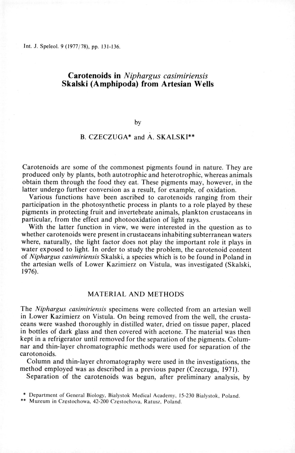 Carotenoids in Niphargus Casimiriensis Skalski (Amphipoda) from Artesian Wells