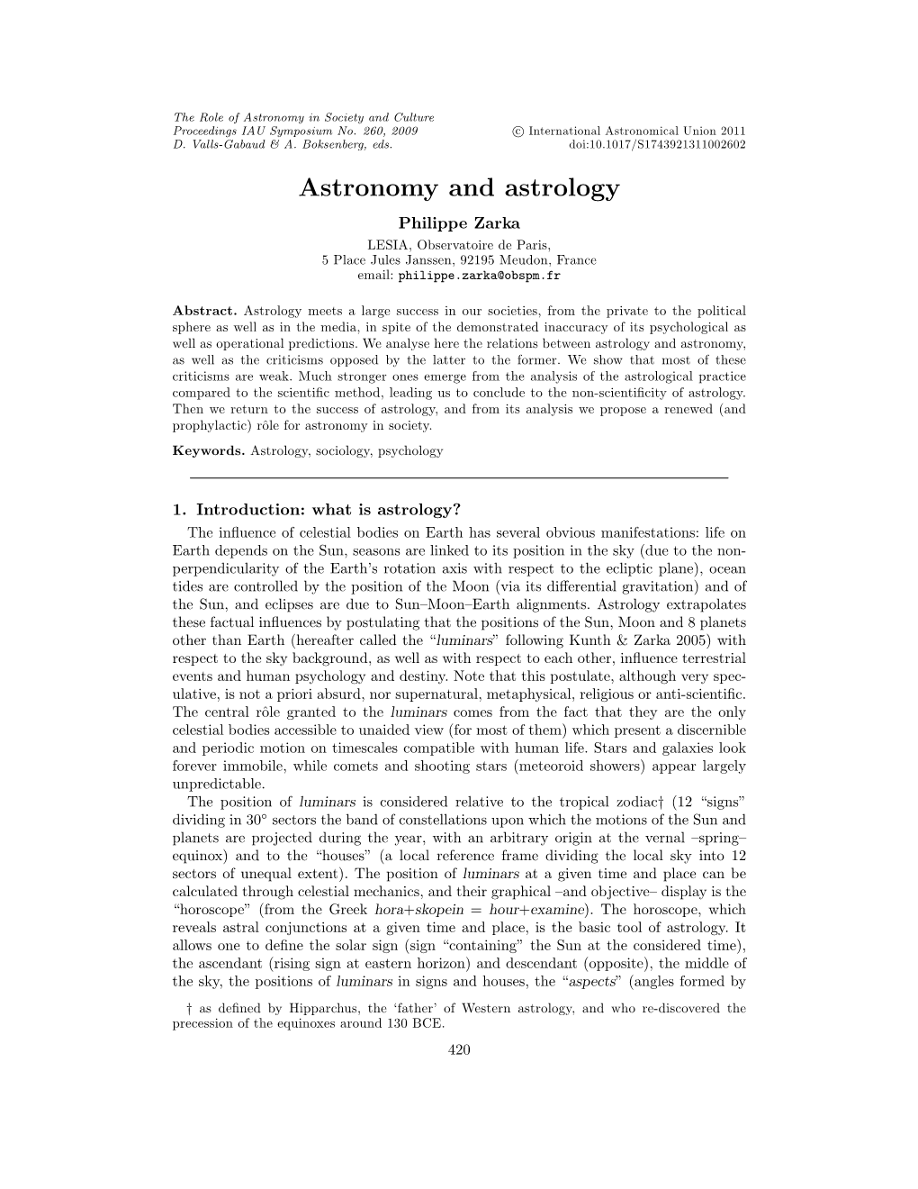 Astronomy and Astrology Philippe Zarka LESIA, Observatoire De Paris, 5 Place Jules Janssen, 92195 Meudon, France Email: Philippe.Zarka@Obspm.Fr