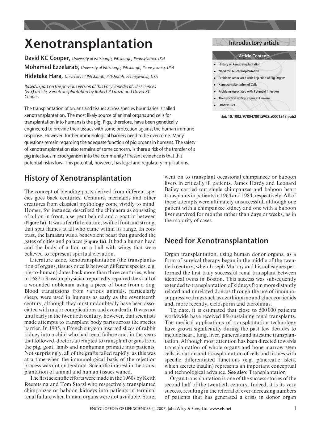 "Xenotransplantation". In: Encyclopedia of Life Sciences (ELS)