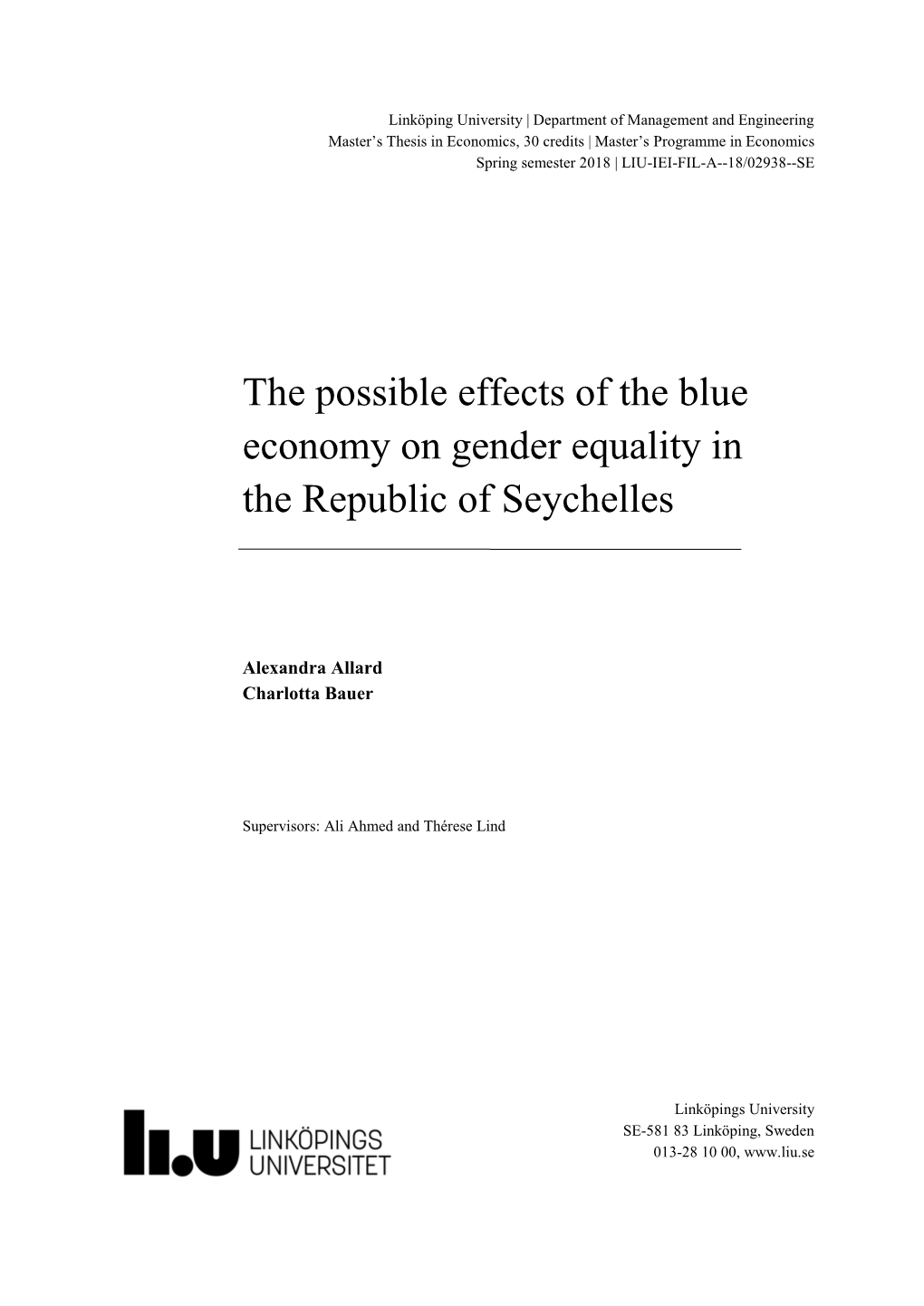 The Possible Effects of the Blue Economy on Gender Equality in the Republic of Seychelles