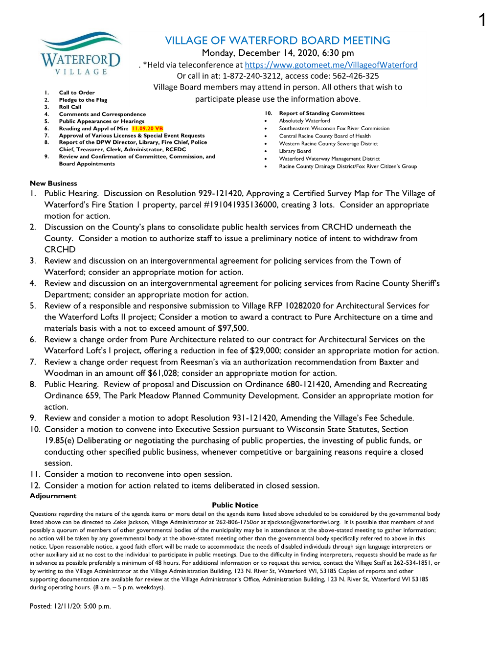 VILLAGE of WATERFORD BOARD MEETING Monday, December 14, 2020, 6:30 Pm