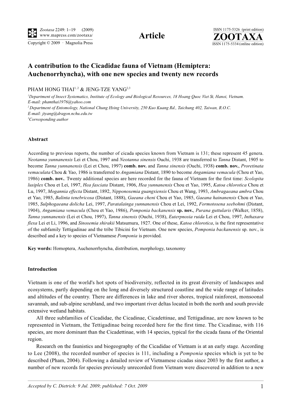 Zootaxa, a Contribution to the Cicadidae Fauna