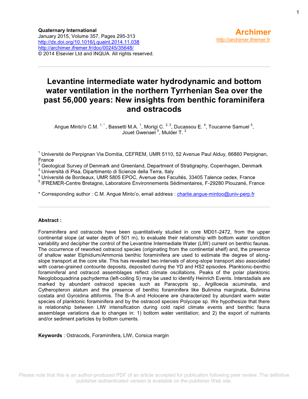 Levantine Intermediate Water Hydrodynamic and Bottom Water Ventilation in the Northern Tyrrhenian Sea Over the Past 56,000 Years