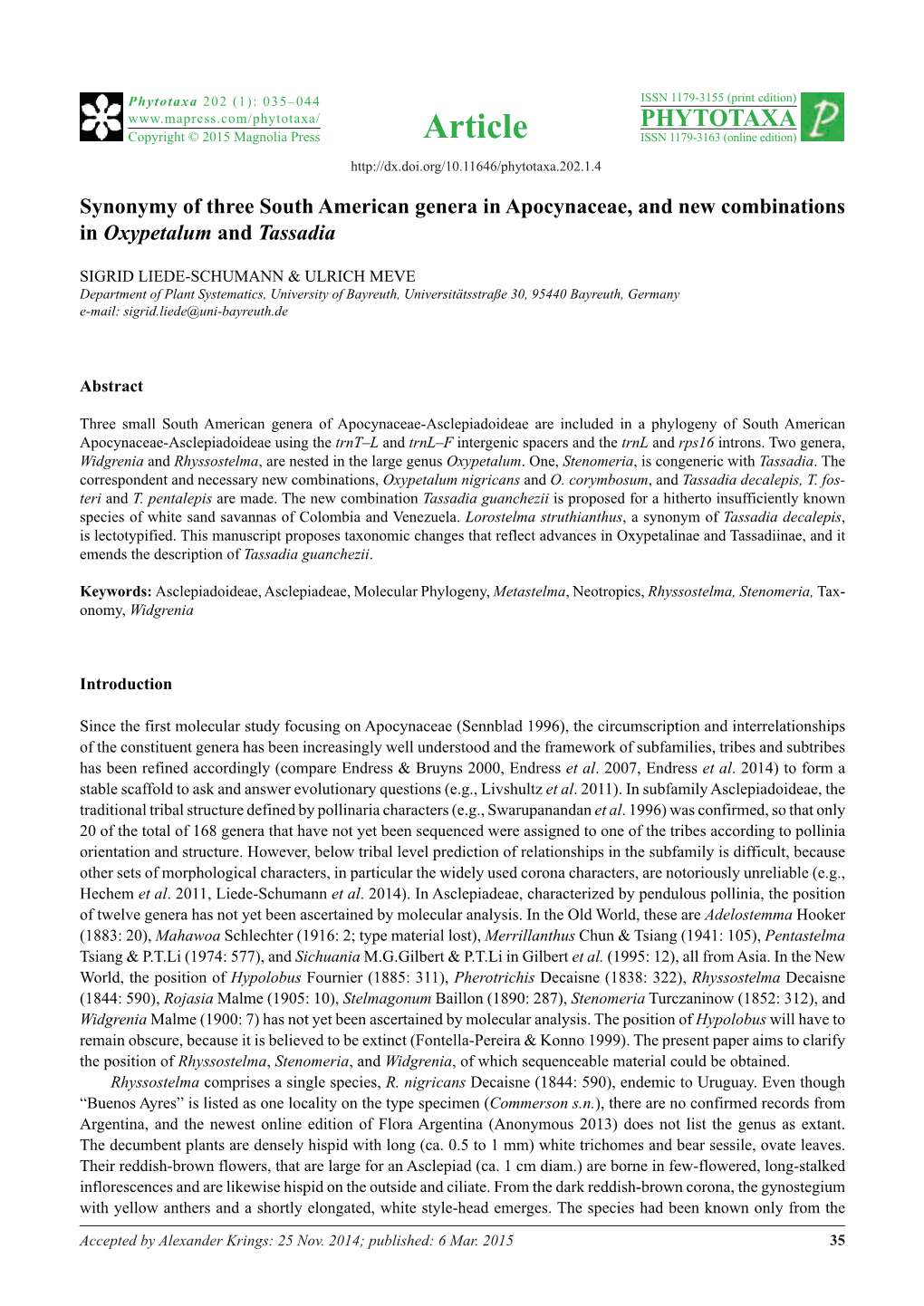 Synonymy of Three South American Genera in Apocynaceae, and New Combinations in Oxypetalum and Tassadia