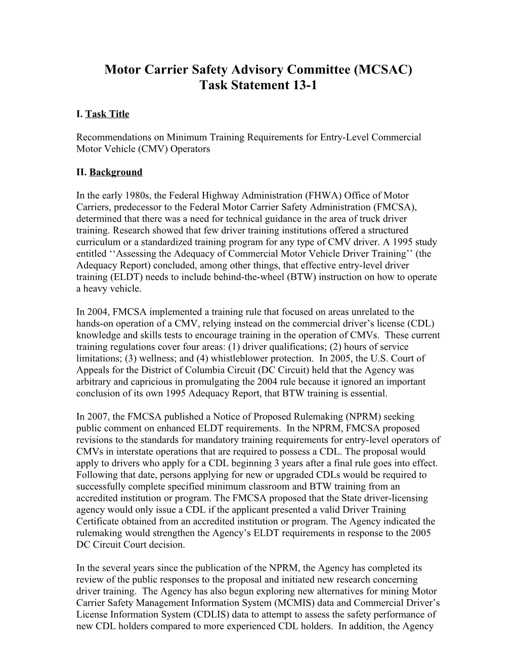 MCSAC Task: Revisiting FMCSA S Hours of Service Requirements for Drivers of Property-Carrying