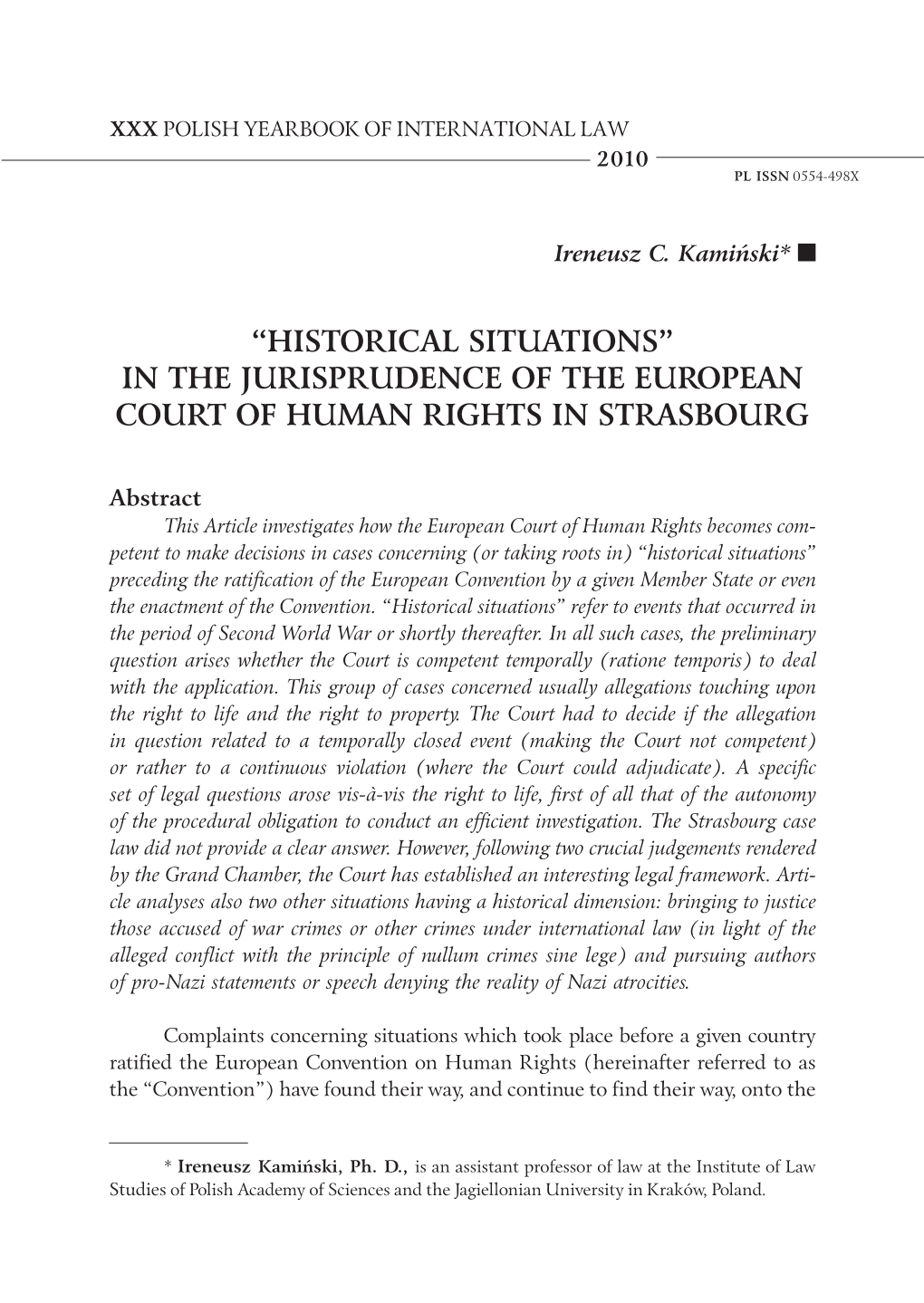 “Historical Situations” in the Jurisprudence of the European Court of Human Rights in Strasbourg