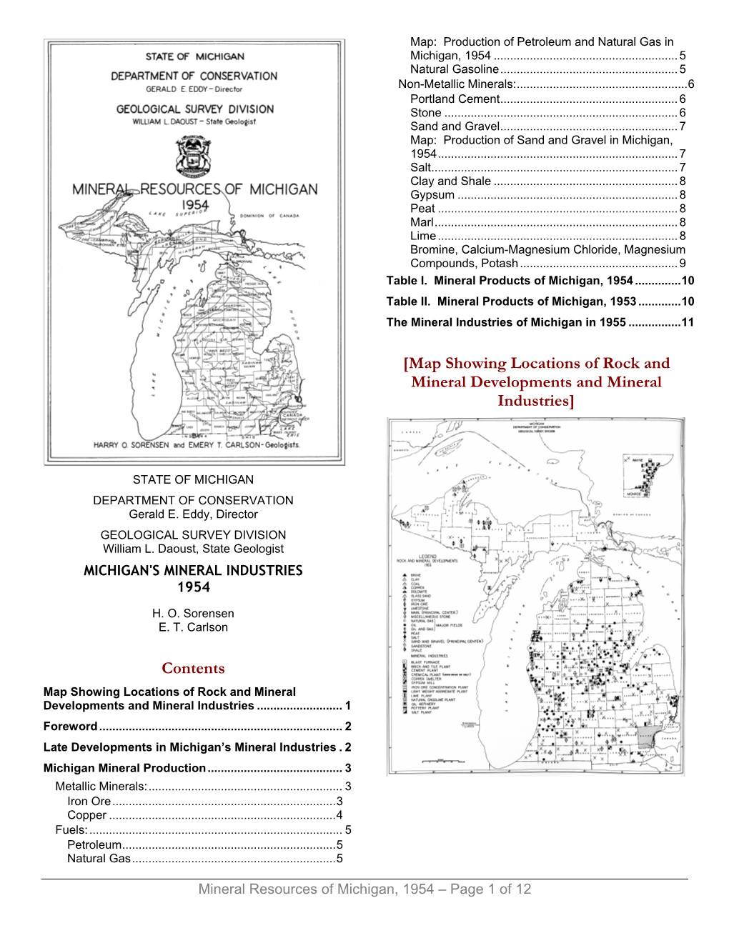 Contents [Map Showing Locations of Rock and Mineral Developments