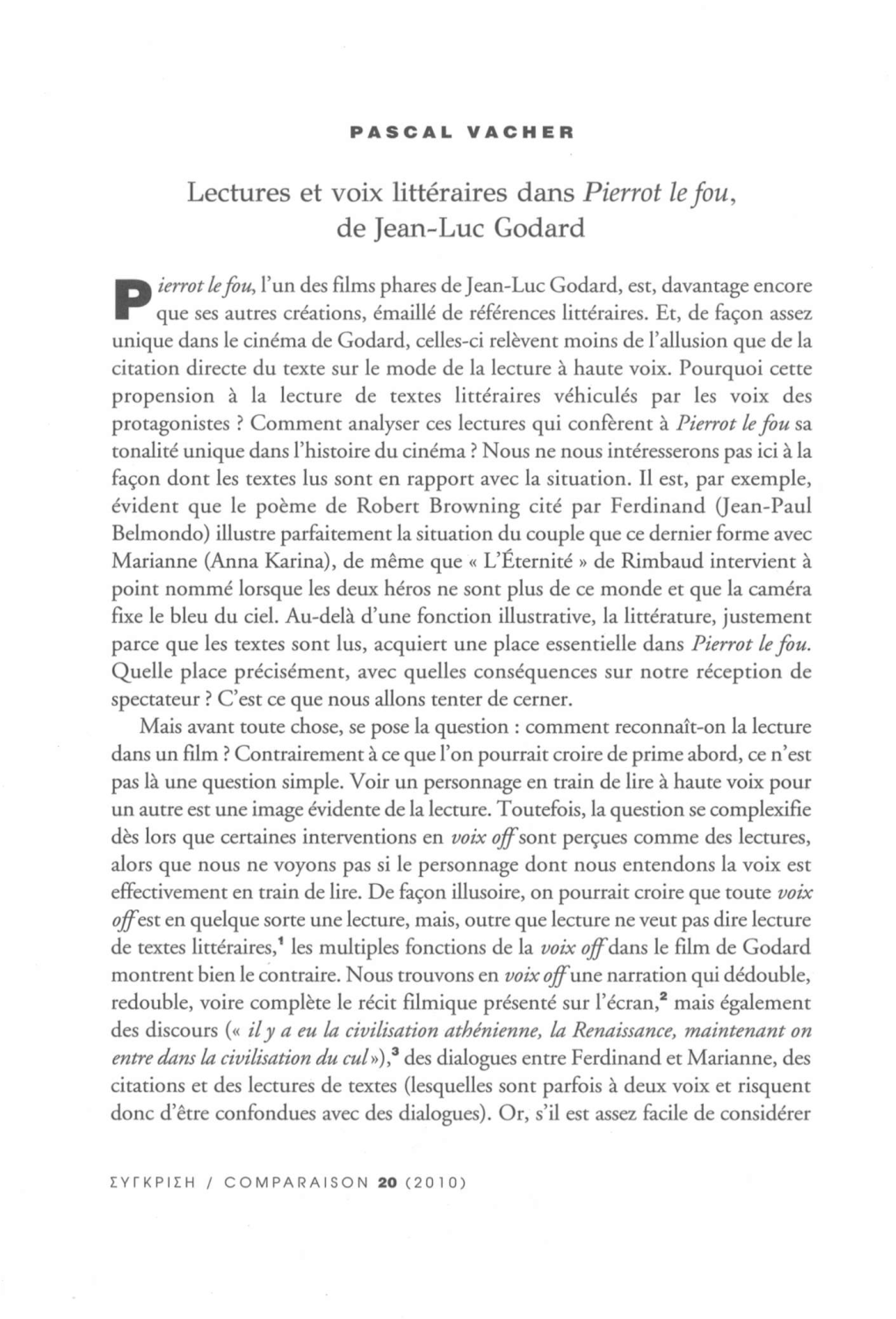 Lectures Et Voix Littéraires Dans Pierrot Le Fou, De Jean-Luc Godard