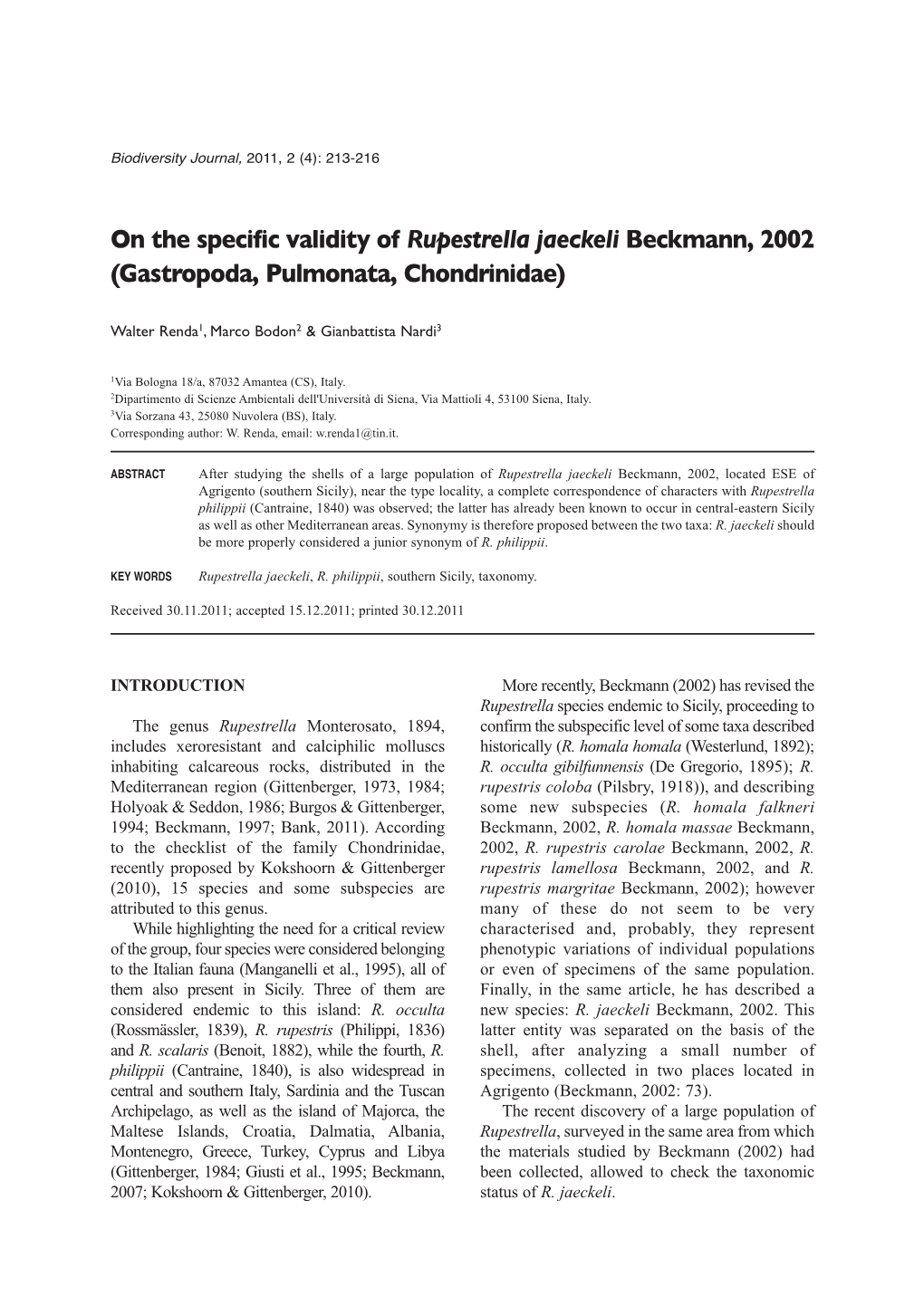 On the Specific Validity of Rupestrella Jaeckeli Beckmann, 2002 (Gastropoda, Pulmonata, Chondrinidae)