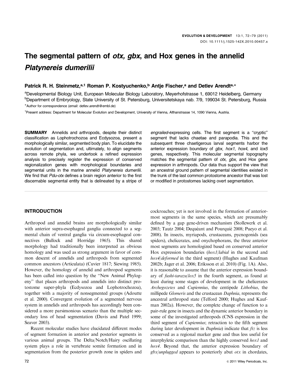 The Segmental Pattern of Otx, Gbx, and Hox Genes in the Annelid Platynereis Dumerilii