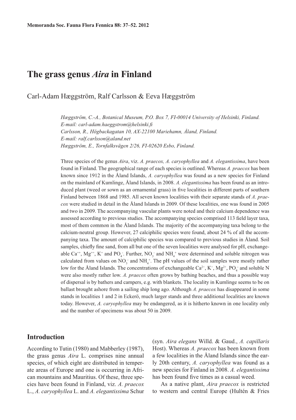 The Grass Genus Aira in Finland