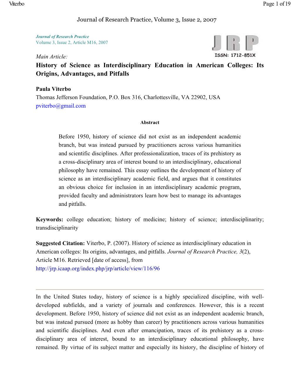 History of Science As Interdisciplinary Education in American Colleges: Its Origins, Advantages, and Pitfalls