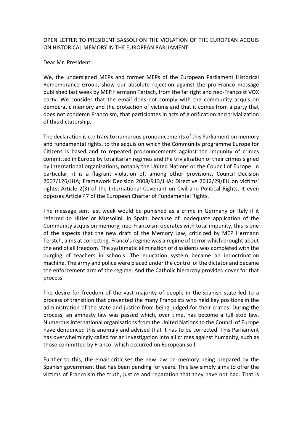 Open Letter to President Sassoli on the Violation of the European Acquis on Historical Memory in the European Parliament