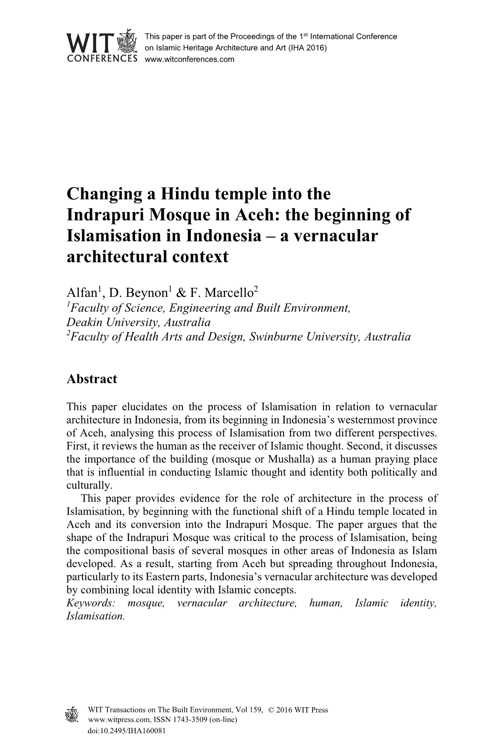 Changing a Hindu Temple Into the Indrapuri Mosque in Aceh: the Beginning of Islamisation in Indonesia – a Vernacular Architectural Context