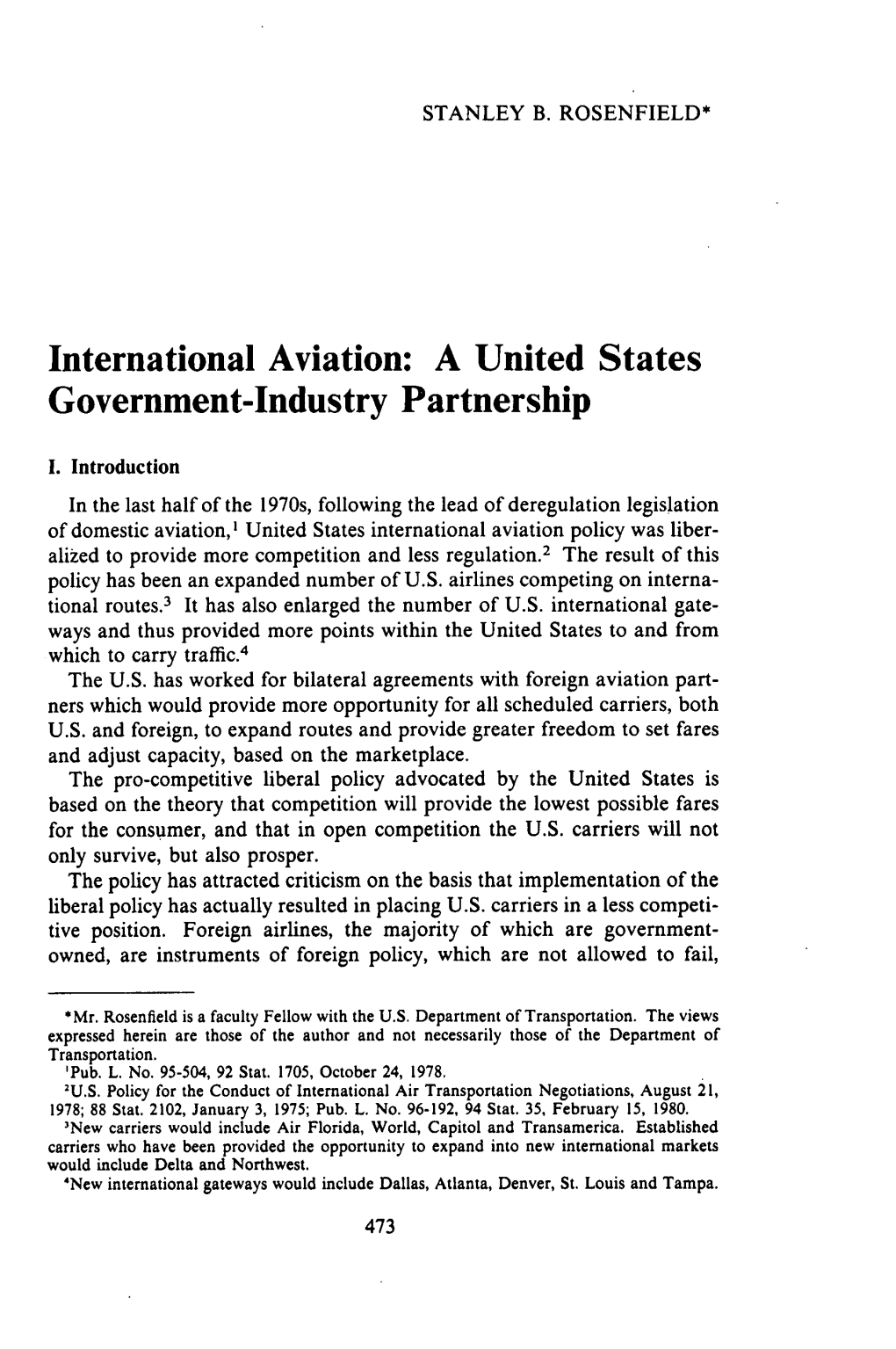 International Aviation: a United States Government-Industry Partnership