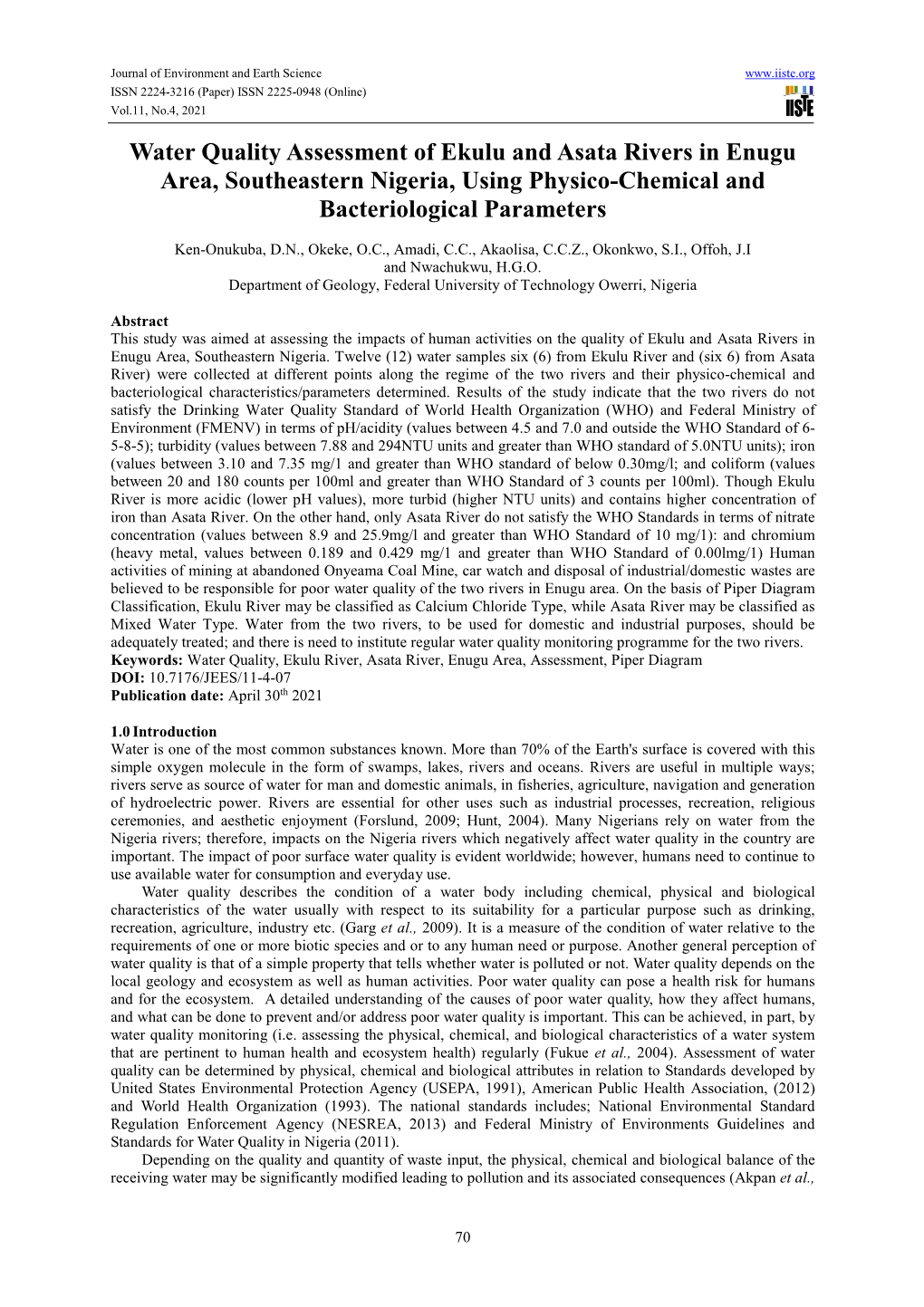 Water Quality Assessment of Ekulu and Asata Rivers in Enugu Area, Southeastern Nigeria, Using Physico-Chemical and Bacteriological Parameters