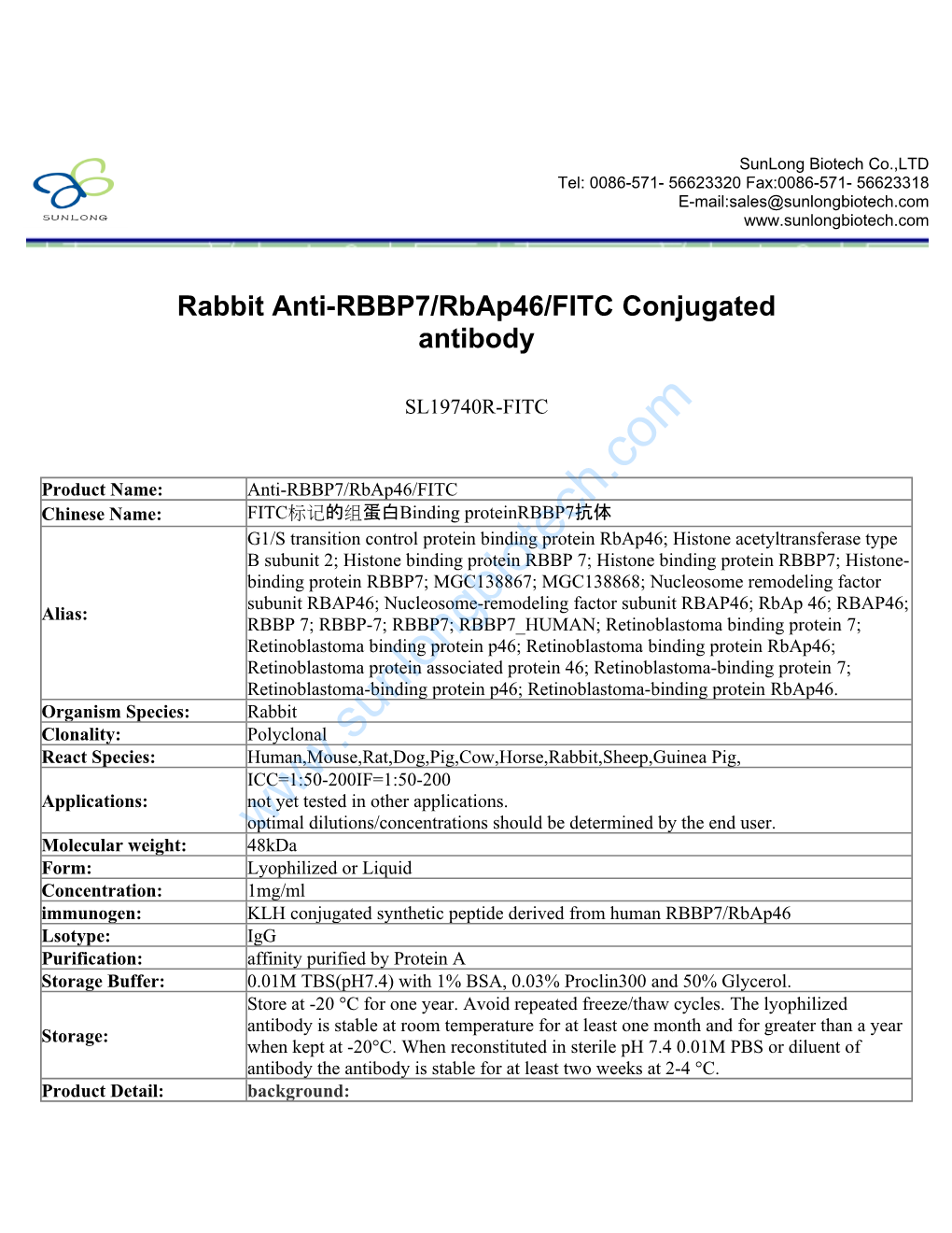 Rabbit Anti-RBBP7/Rbap46/FITC Conjugated Antibody-SL19740R