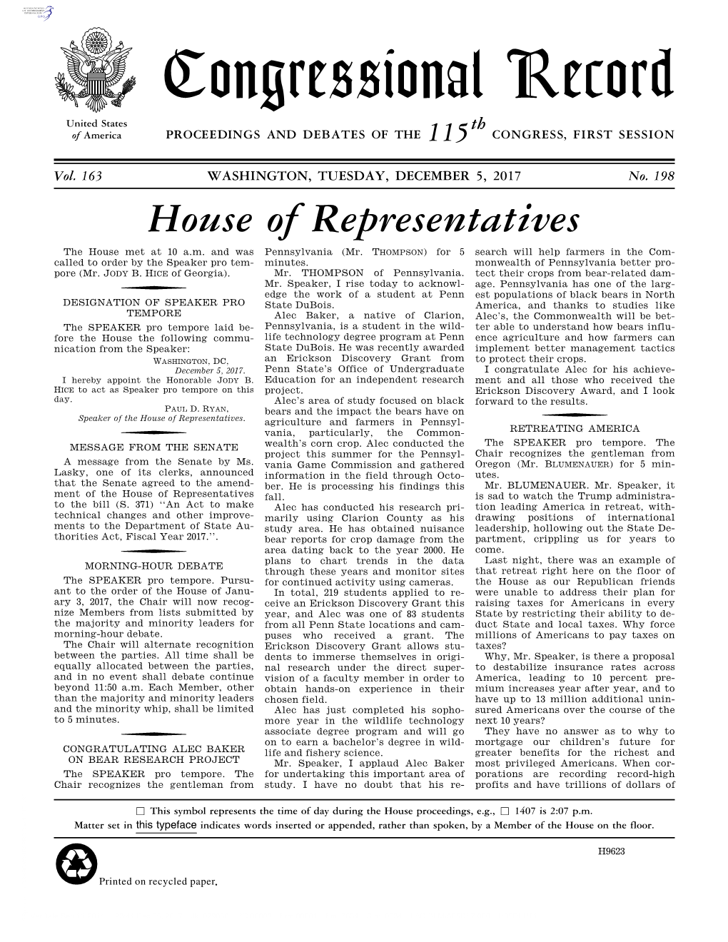 Congressional Record United States Th of America PROCEEDINGS and DEBATES of the 115 CONGRESS, FIRST SESSION