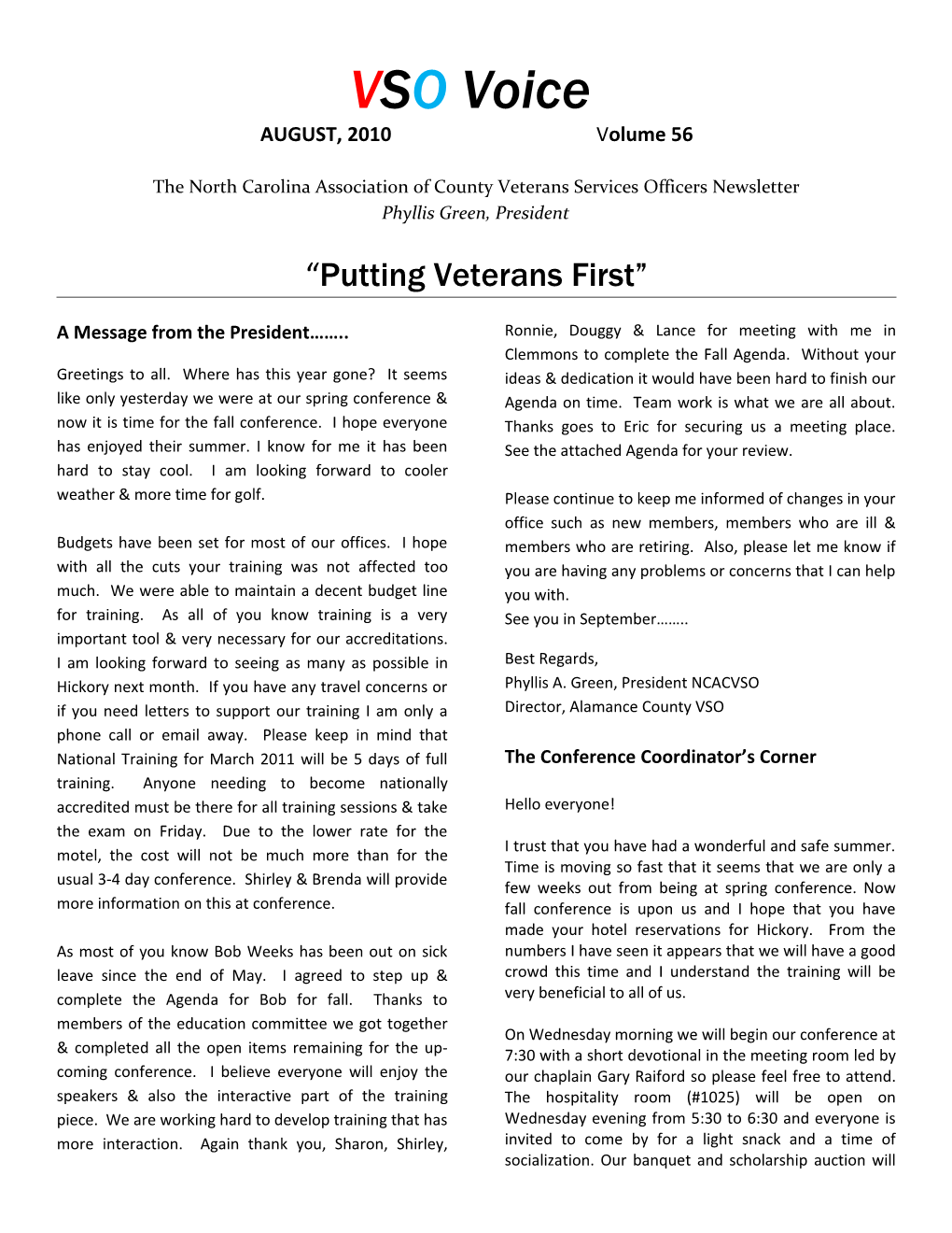 The North Carolina Association of County Veterans Services Officers Newsletter