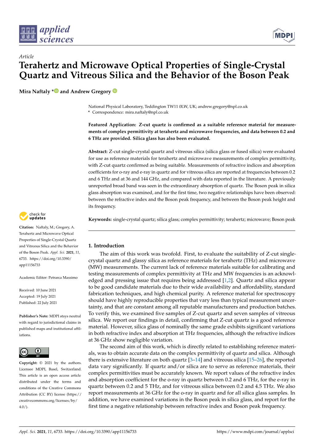 Terahertz and Microwave Optical Properties of Single-Crystal Quartz and Vitreous Silica and the Behavior of the Boson Peak