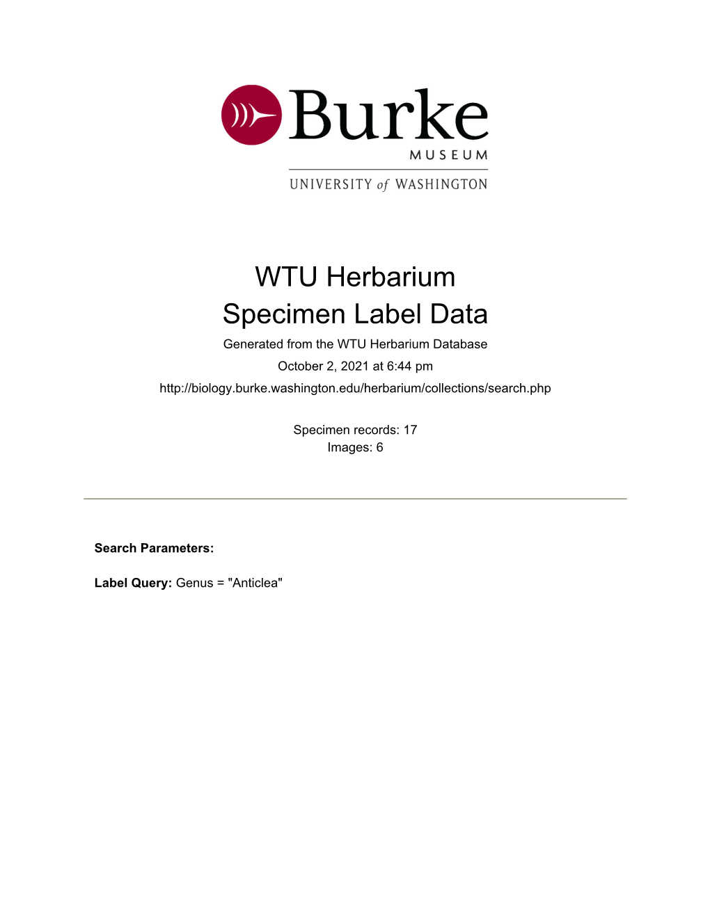 WTU Herbarium Specimen Label Data