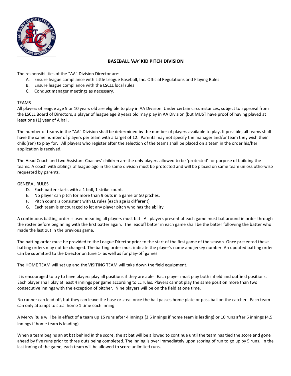 2021 Baseball 'AA' Kid Pitch Division Rules