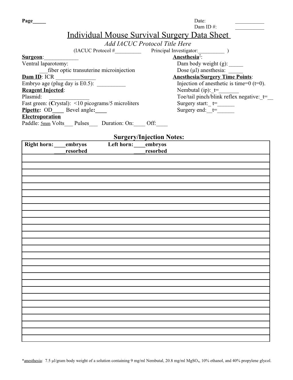 Individual Mouse Survival Surgery Data Sheet