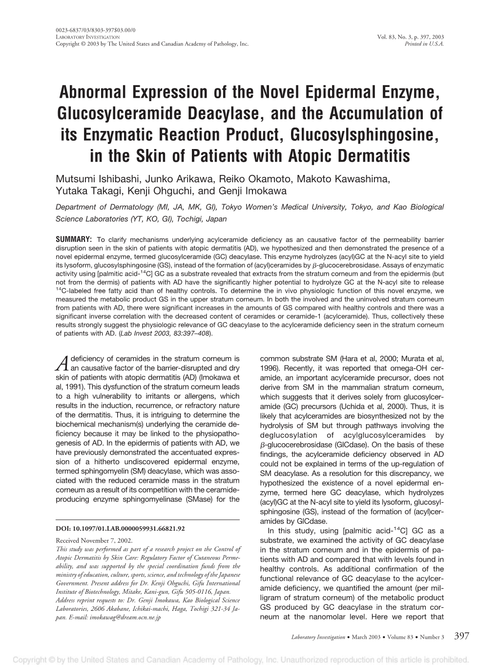 Abnormal Expression of the Novel Epidermal Enzyme