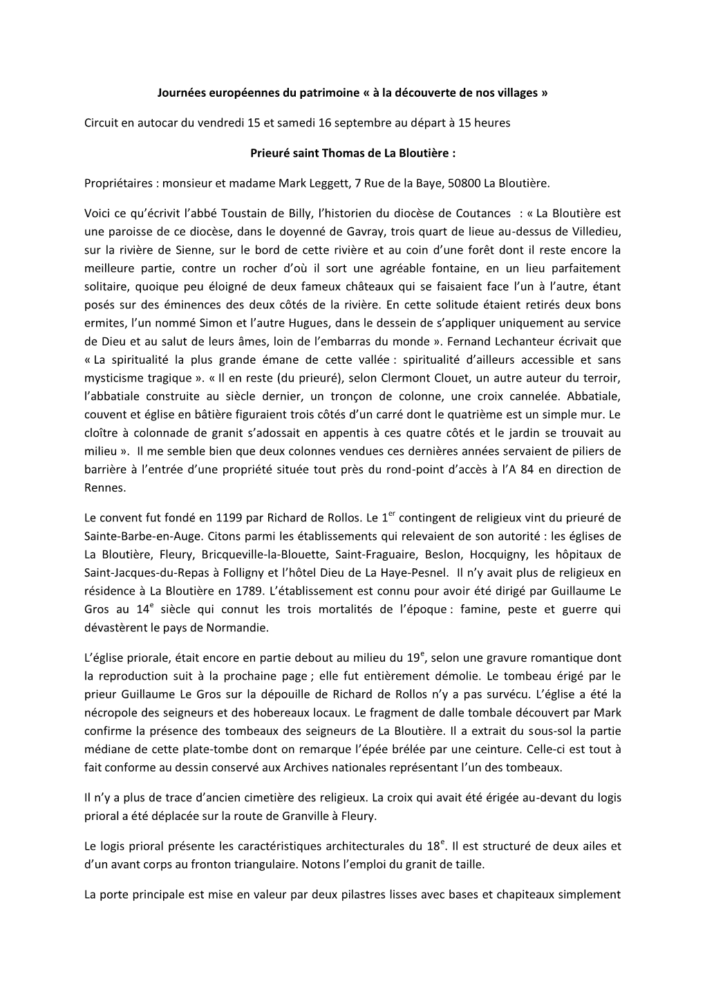 Journées Européennes Du Patrimoine « À La Découverte De Nos Villages » Circuit En Autocar Du Vendredi 15 Et Samedi 16 Sept