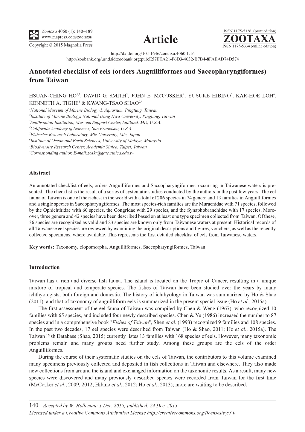 Annotated Checklist of Eels (Orders Anguilliformes and Saccopharyngiformes) from Taiwan