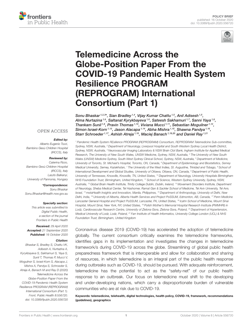 Telemedicine Across the Globe-Position Paper from the COVID-19 Pandemic Health System Resilience PROGRAM (REPROGRAM) International Consortium (Part 1)