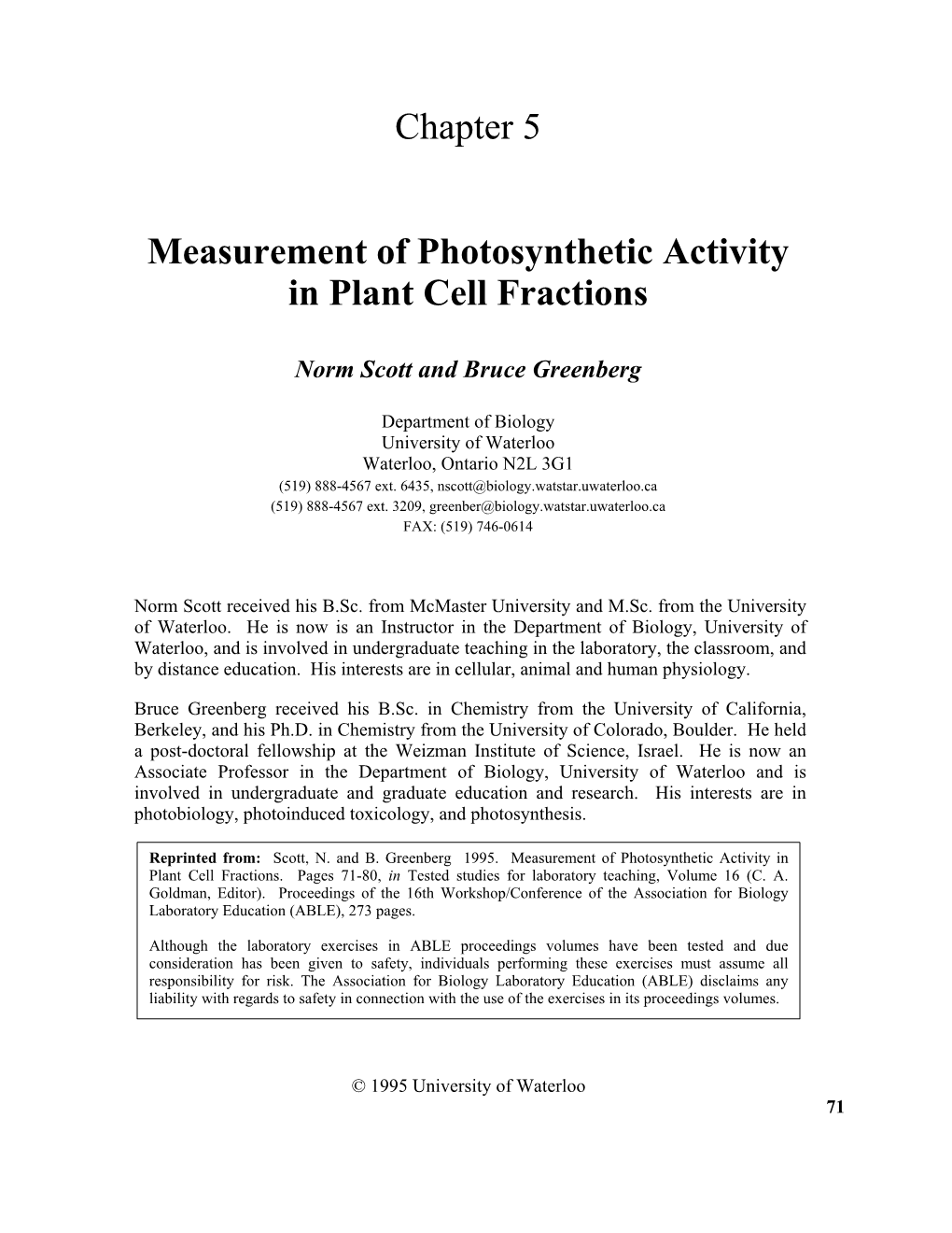 Chapter 5 Measurement of Photosynthetic Activity in Plant Cell