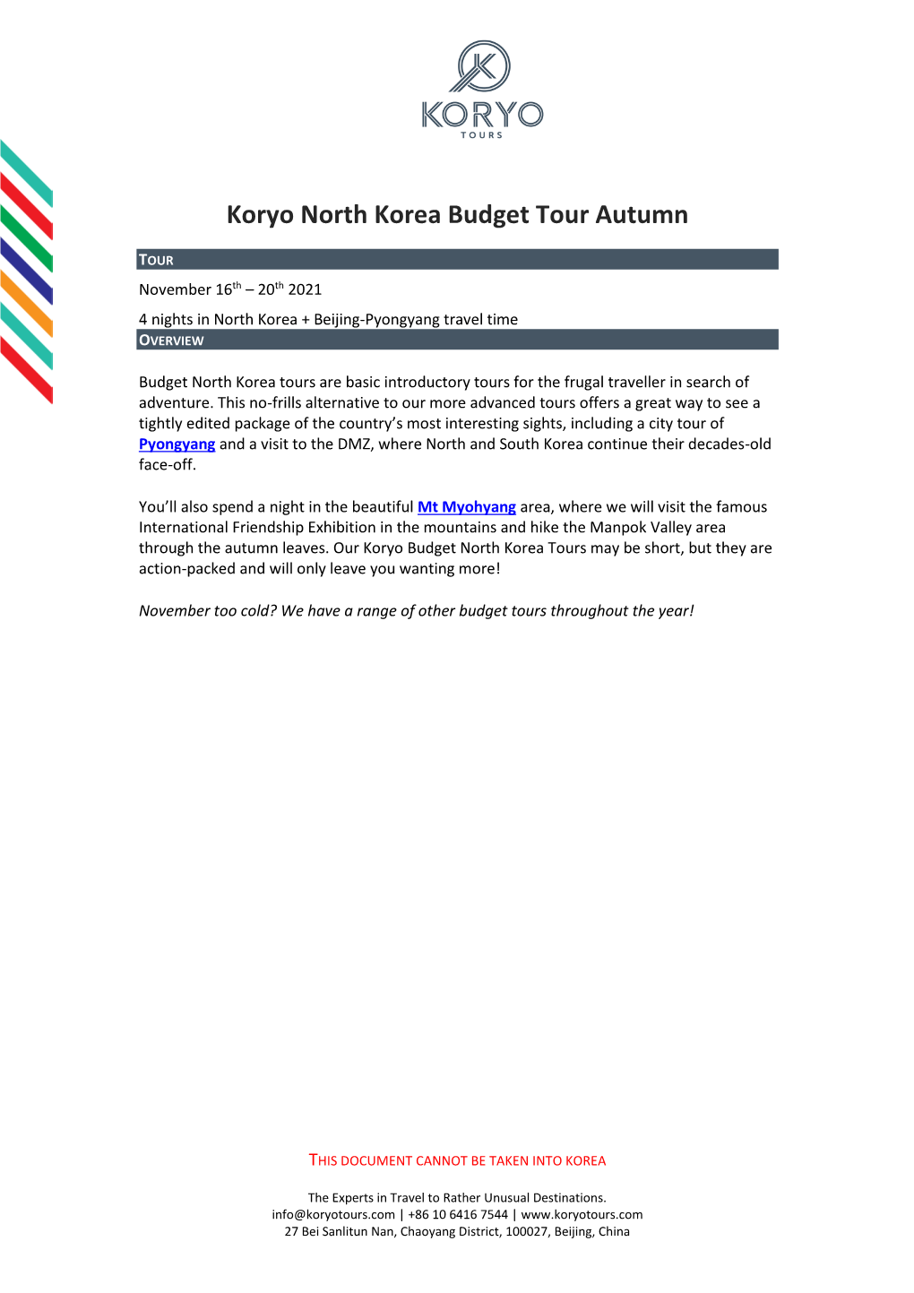 Koryo North Korea Budget Tour Autumn