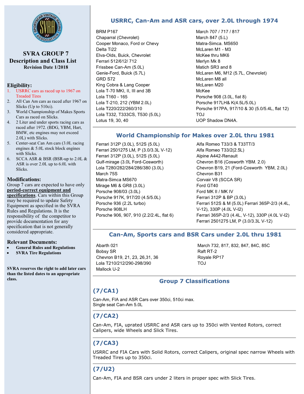 SVRA GROUP 7 Description and Class List