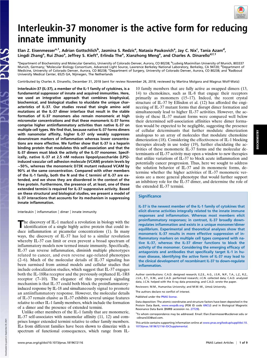 Interleukin-37 Monomer Is the Active Form for Reducing Innate Immunity