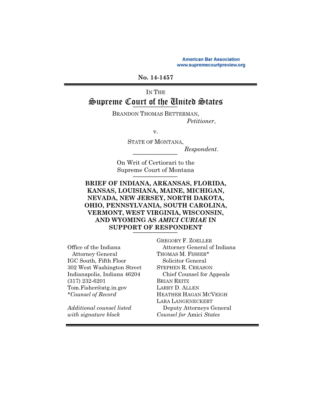 14-1457 Betterman V. Montana; Amicus Brief for Indiana, Arkansas