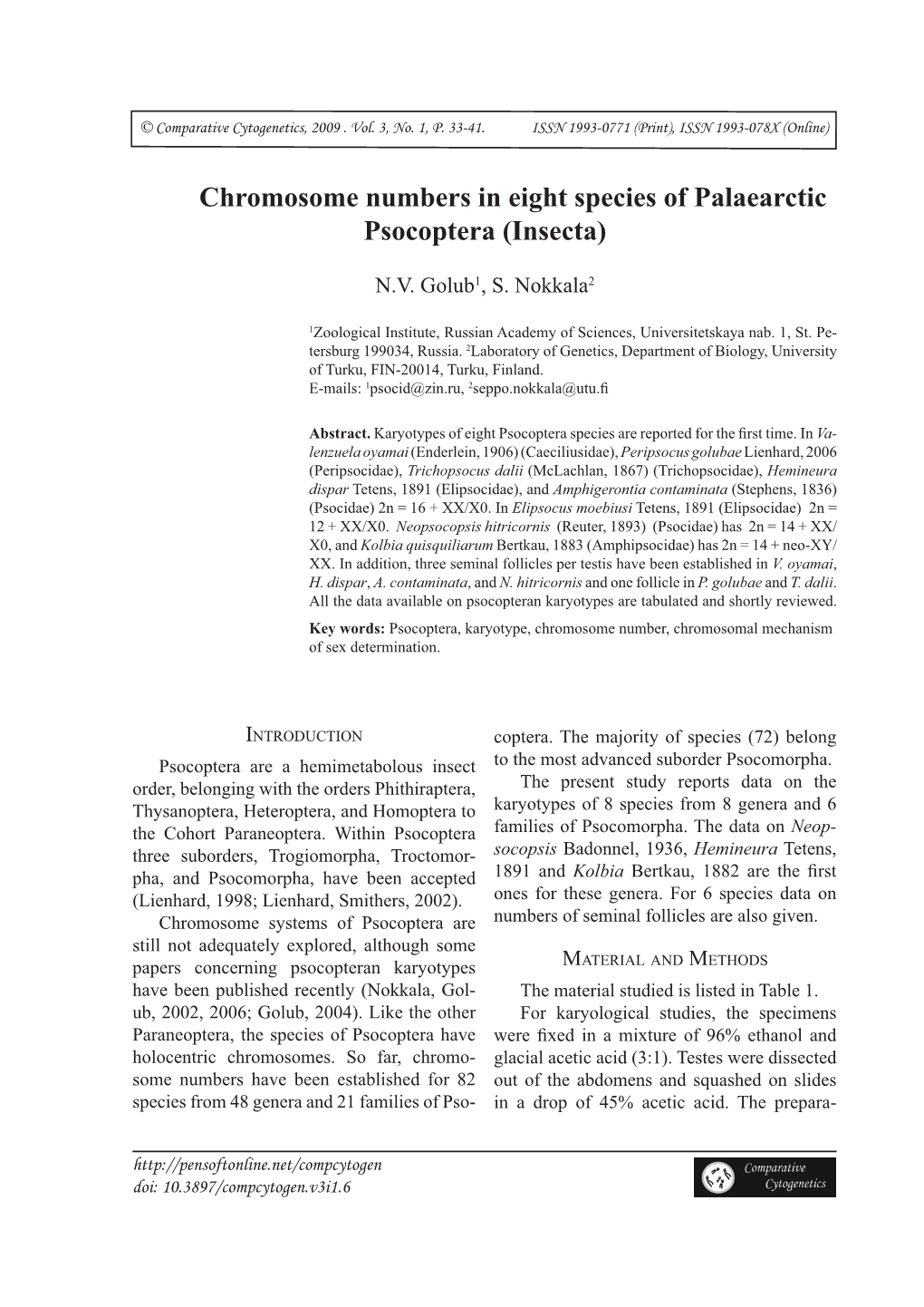 Chromosome Numbers in Eight Species of Palaearctic Psocoptera (Insecta)