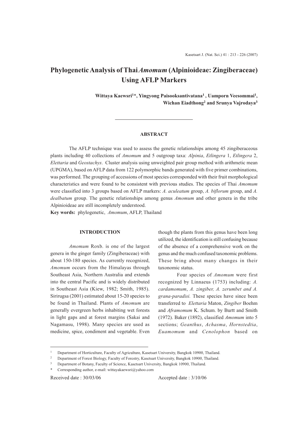 (Alpinioideae: Zingiberaceae) Using AFLP Markers