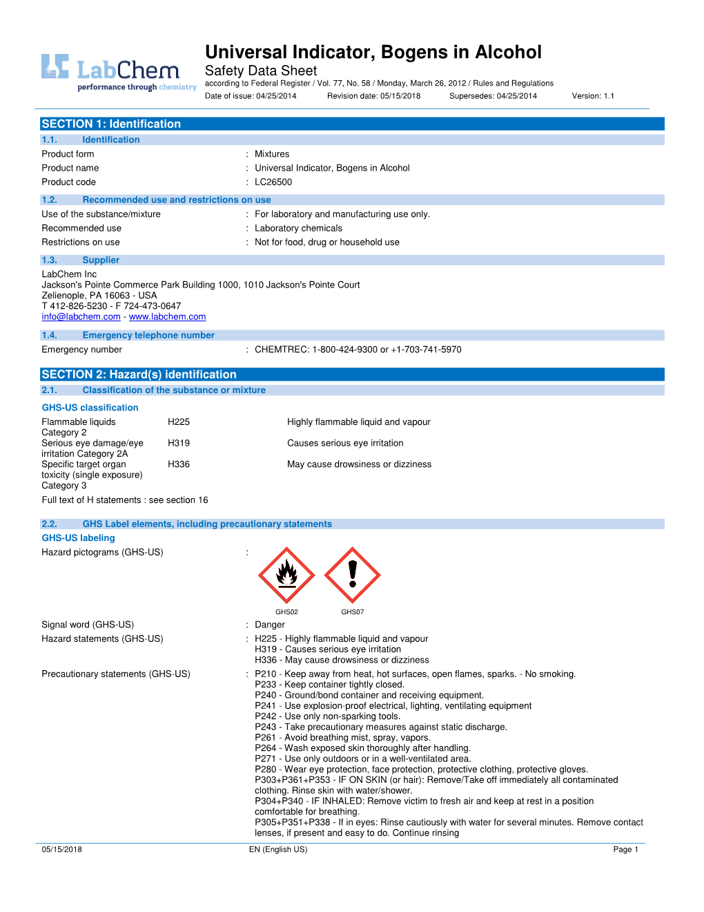 Universal Indicator, Bogens in Alcohol Safety Data Sheet According to Federal Register / Vol