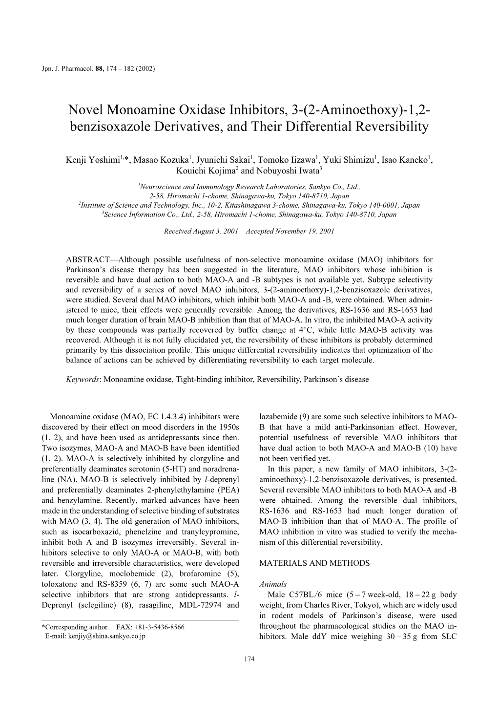 Novel Monoamine Oxidase Inhibitors, 3-(2-Aminoethoxy)-1,2- Benzisoxazole Derivatives, and Their Differential Reversibility