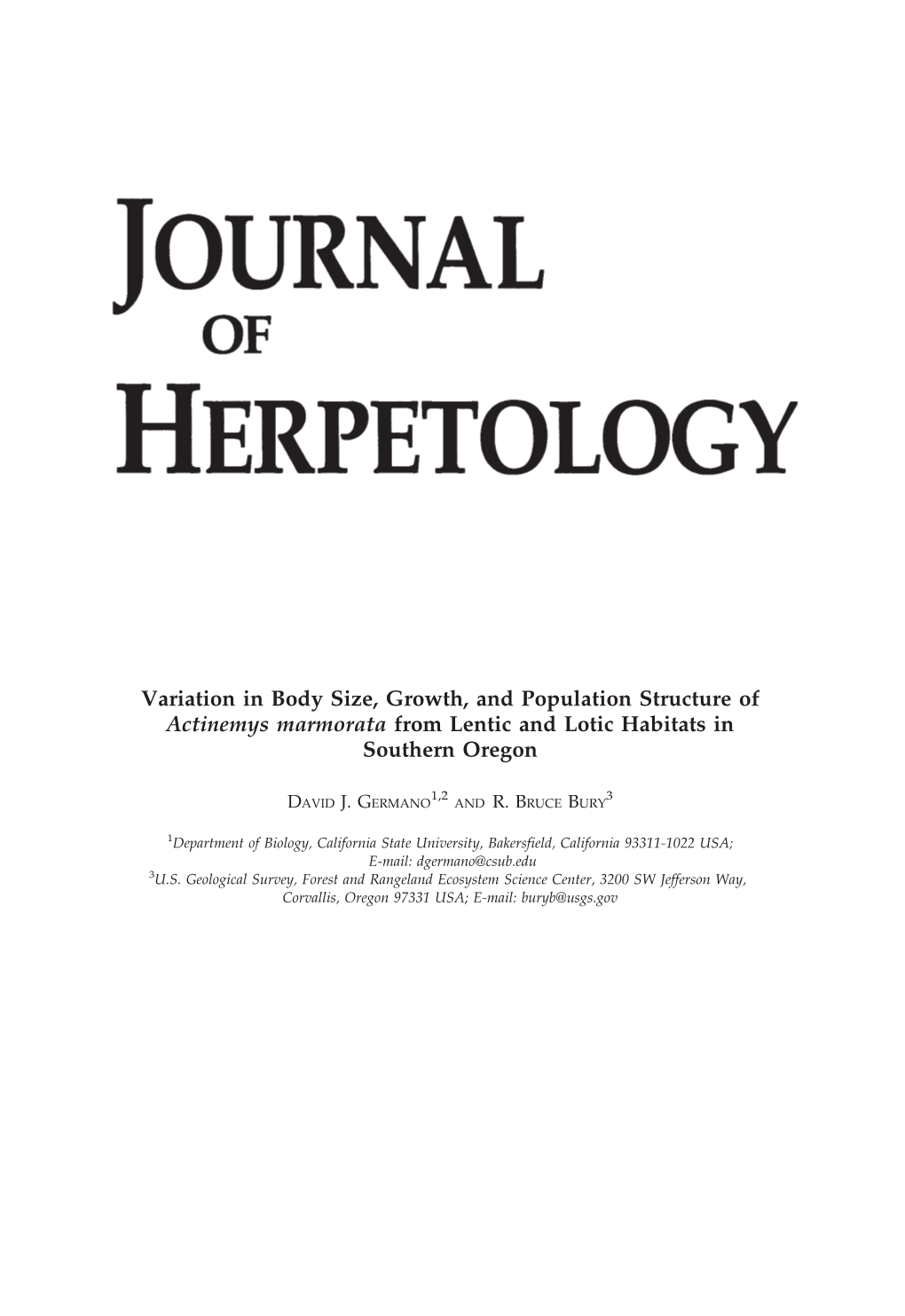 Variation in Body Size, Growth, and Population Structure of Actinemys Marmorata from Lentic and Lotic Habitats in Southern Oregon