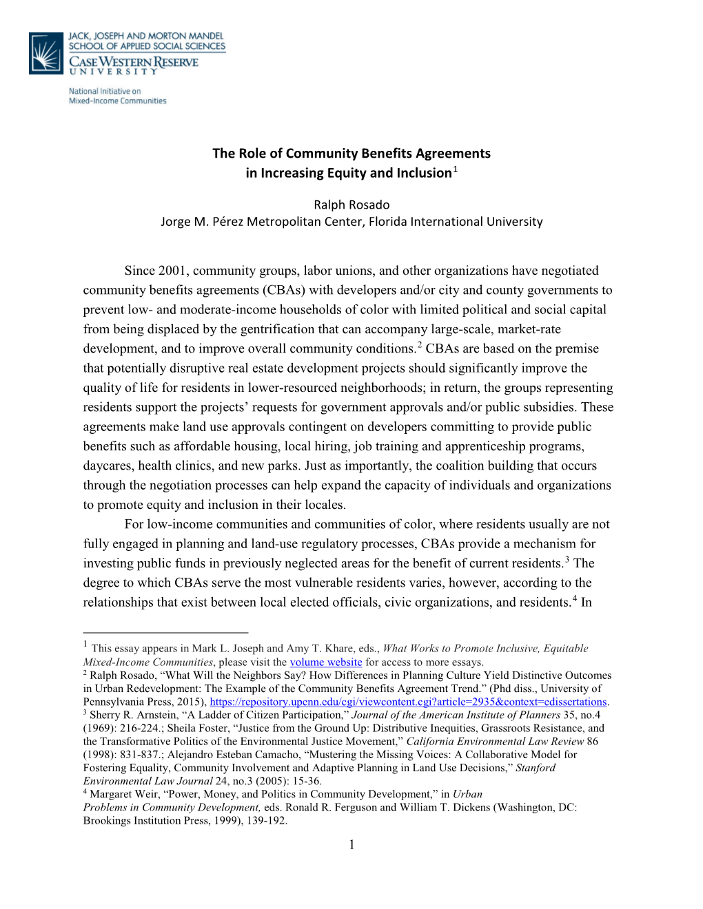 The Role of Community Benefits Agreements in Increasing Equity and Inclusion1