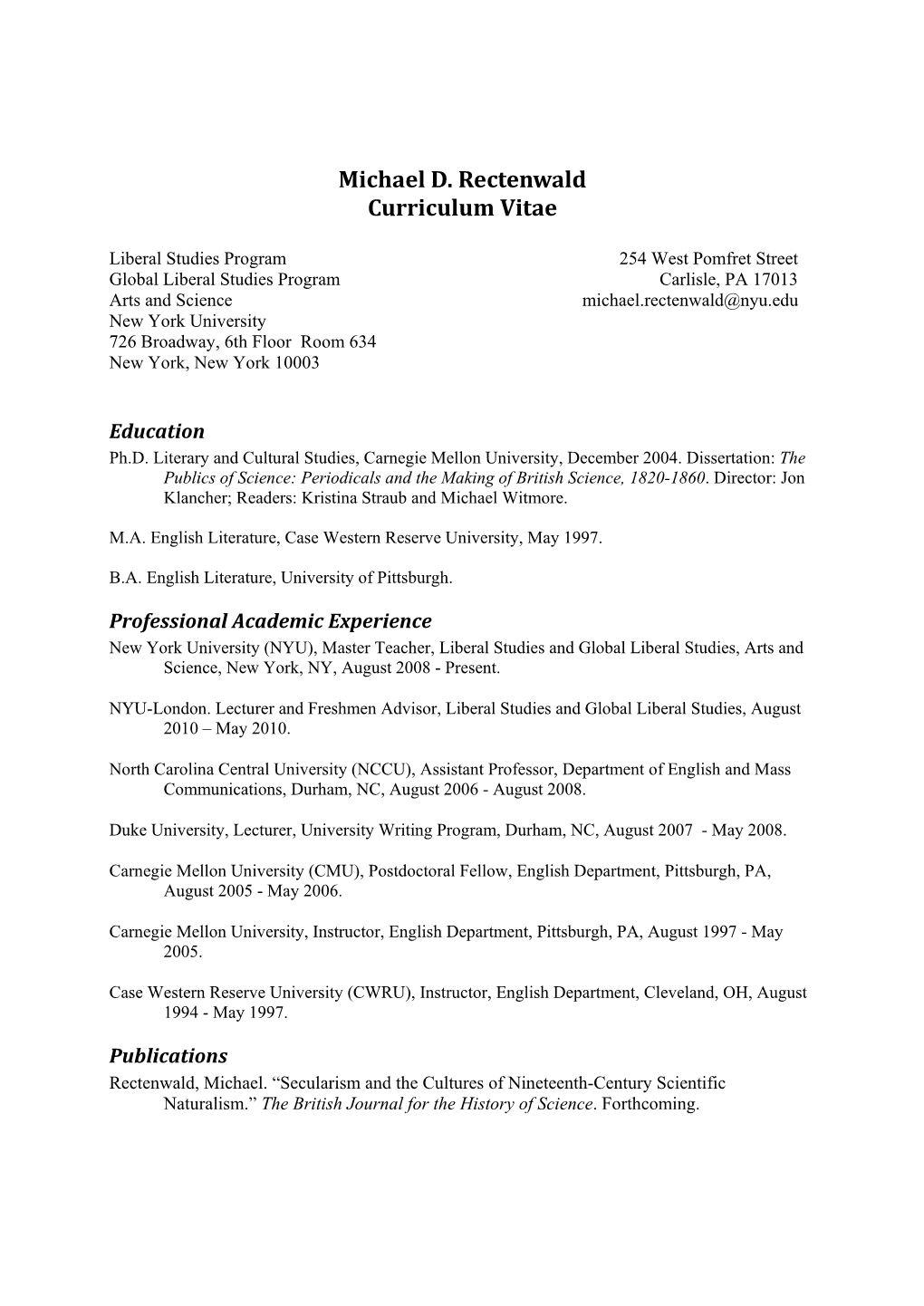 Michael D. Rectenwald Curriculum Vitae