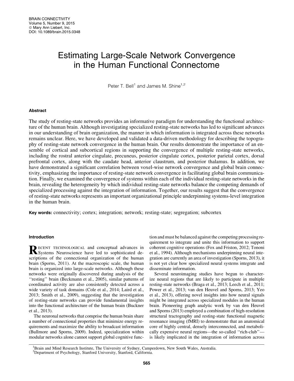 Estimating Large-Scale Network Convergence in the Human Functional Connectome