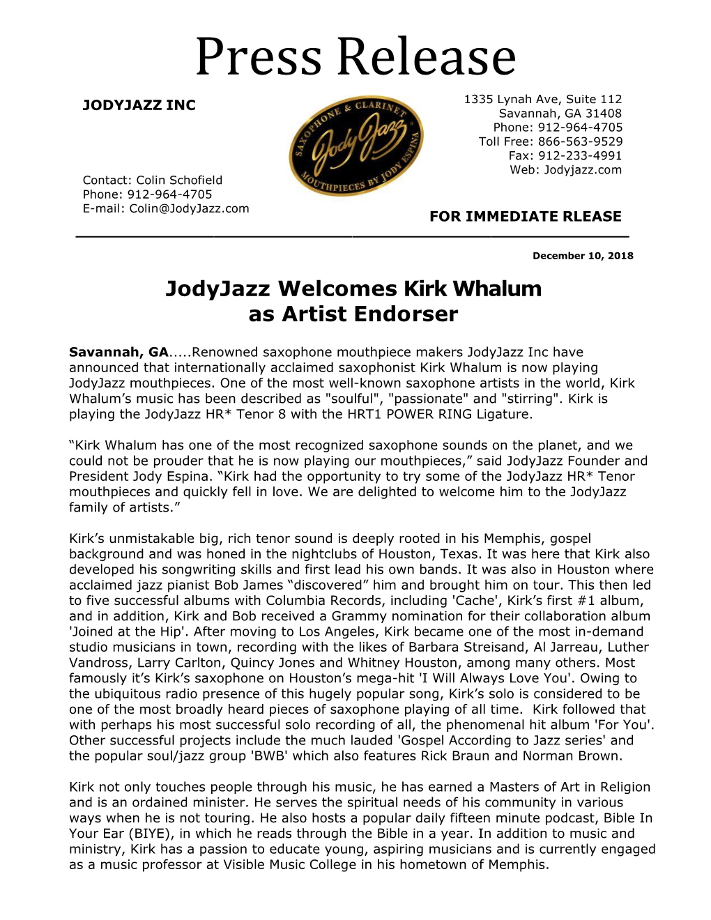 Jodyjazz Inc PRESS RELEASE