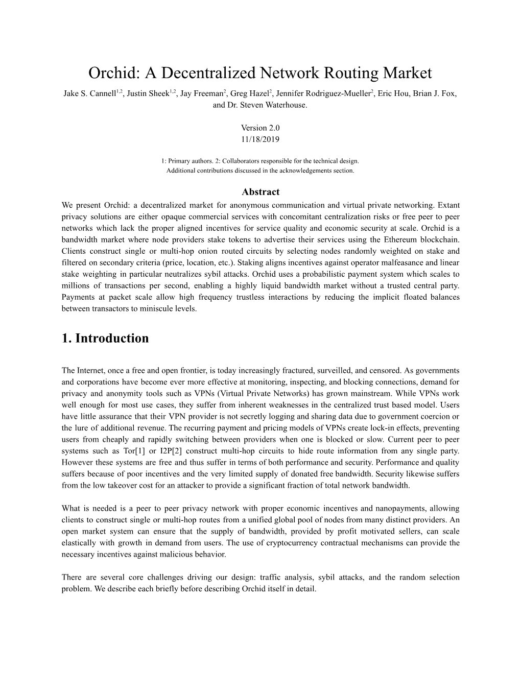 Orchid: a Decentralized Network Routing Market Jake S