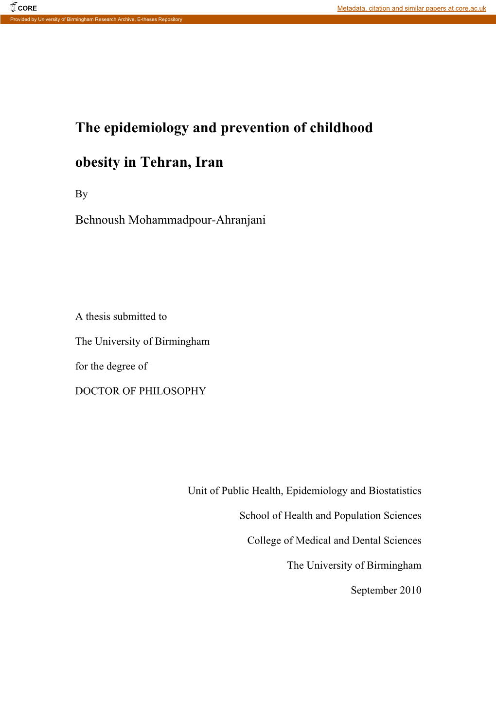 The Epidemiology and Prevention of Childhood Obesity in Tehran, Iran