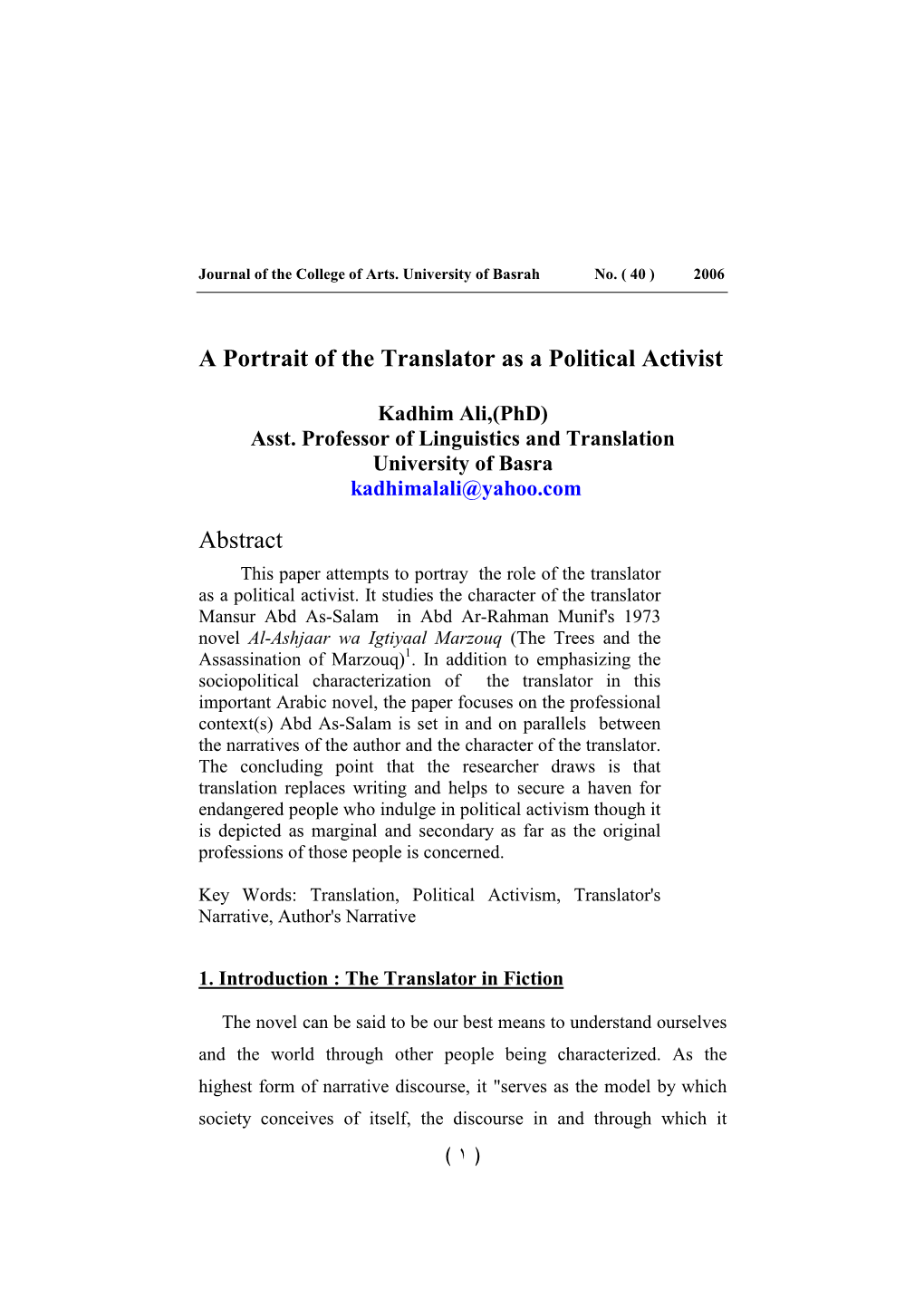 A Portrait of the Translator As a Political Activist Abstract